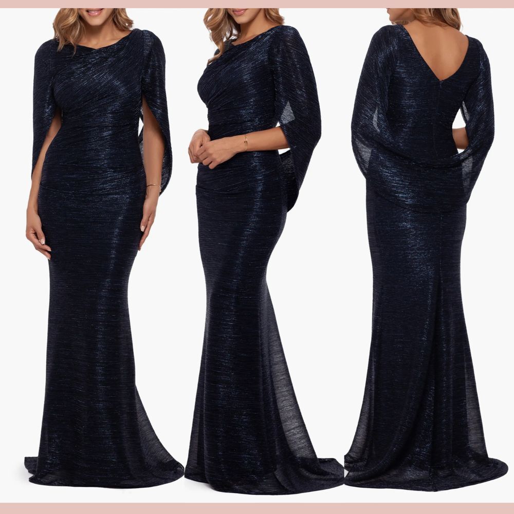 NEW Betsy & Adam [ 16 ] Metallic‎ Crinkle Cape Sleeve Trumpet Gown Navy Blue